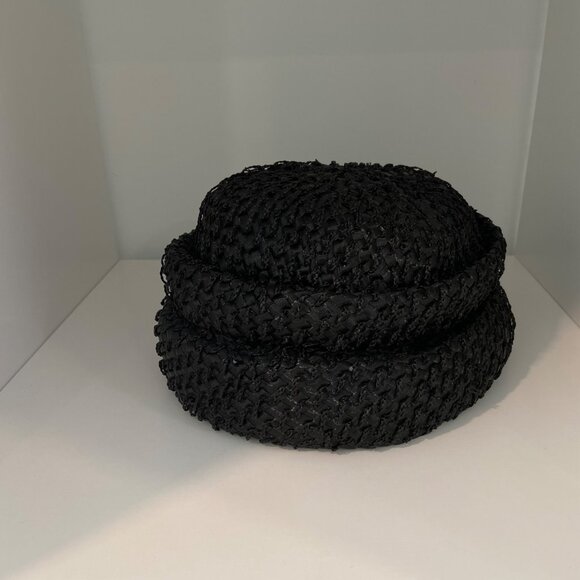 Vintage Piko Montreal New York Black Woven Straw Hat With Velvet Bow Accent Wome - Picture 10 of 14